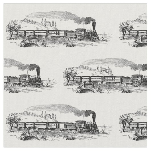 ヴィンテージ蒸気列車イラストレーションパターン ファブリック (クローズアップ)