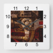 ヴィンテージ蒸気列車ギア スクエア壁時計 (正面)