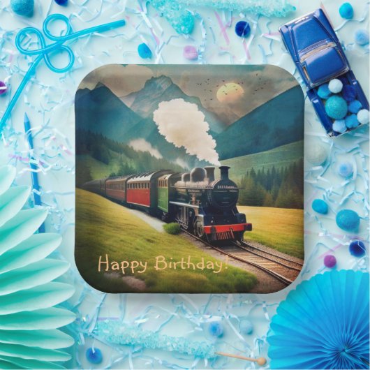 ヴィンテージ蒸気列車誕生日 ペーパープレート (パーティー)