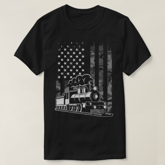 ヴィンテージ蒸気列車迷彩柄アメリカ国旗のレイロア Tシャツ (デザイン正面)