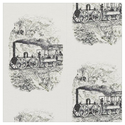 ヴィンテージ蒸気機関列車スケッチ ファブリック (クローズアップ)