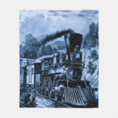 ヴィンテージ蒸気機関列車鉄道青 フリースブランケット (正面)