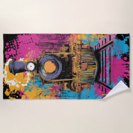 ヴィンテージ蒸気機関車ポップアートスプラッシュ ビーチタオル