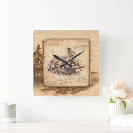 ヴィンテージ蒸気機関車/機関車アート。ドライバーギフト スクエア壁時計 (ホーム)