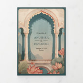 ヴィンテージ蓮の池のルスティックインド宮殿ウェディング 三つ折り招待状 (カバー)