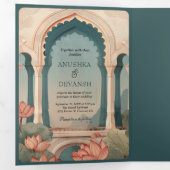 ヴィンテージ蓮の池のルスティックインド宮殿ウェディング 三つ折り招待状 (内部最初)