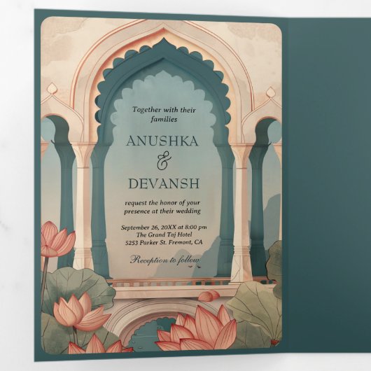 ヴィンテージ蓮の池のルスティックインド宮殿ウェディング 三つ折り招待状 (内部最初)