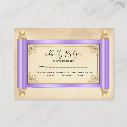ヴィンテージ薄紫の金ゴールドスエレガントクロールQuinceaenera RSVP エンクロージャーカード (正面)