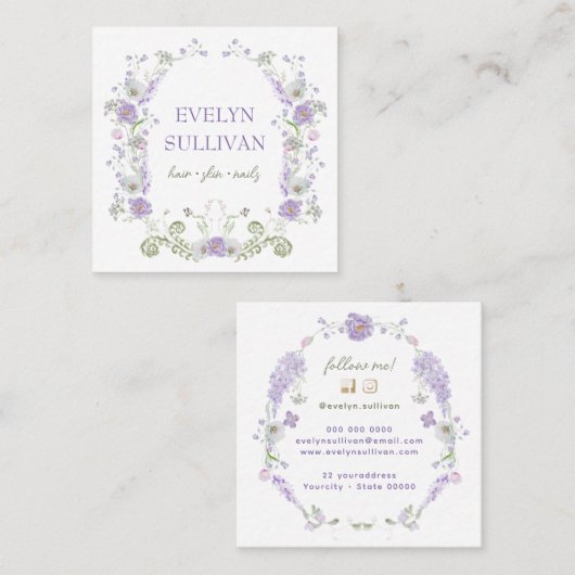 ヴィンテージ薄紫フラワーフレーム名刺 スクエア名刺 (正面/裏面)