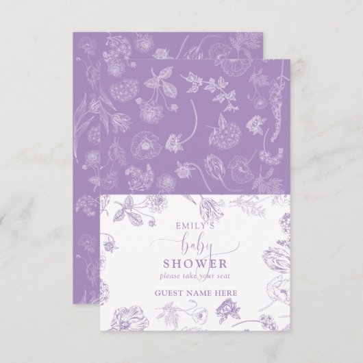 ヴィンテージ薄紫フローラスクリプトベビーシャワー座席表 出欠カード (正面/裏面)