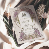 ヴィンテージ薄紫フローラ90th誕生日パーティーフォイル 箔招待状