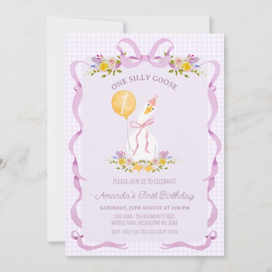 ヴィンテージ薄紫プレイド間抜けワンガース1歳の誕生日 招待状 (正面)