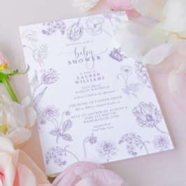 ヴィンテージ薄紫ラベンダーフローラスクリプトベビーシャワー 招待状