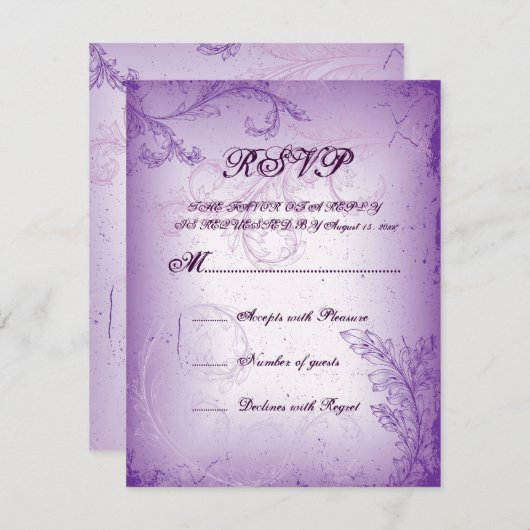 ヴィンテージ薄紫紫スクロール葉結婚式RSVPカード 出欠カード (正面/裏面)
