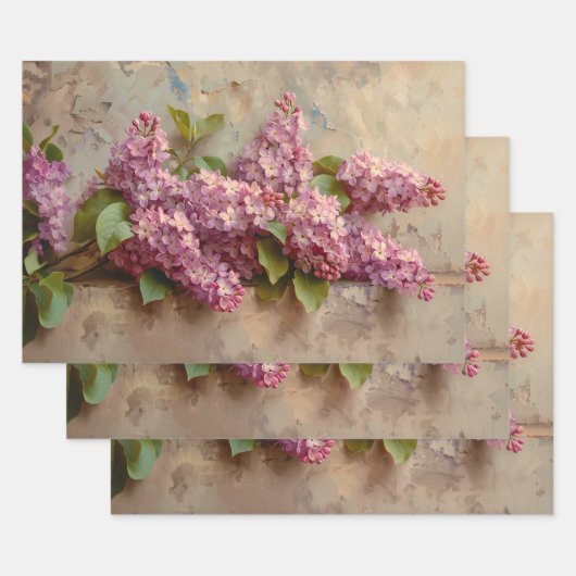 ヴィンテージ薄紫絵画花の切り離し ラッピングペーパーシート (セット)