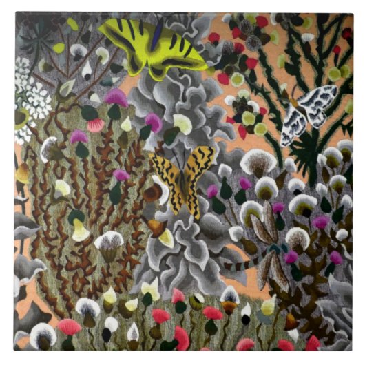 ヴィンテージ蝶が柳のイラストレーション タイル (正面)