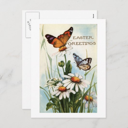 ヴィンテージ蝶とイースターの挨拶フローラ シーズンポストカード (正面/裏面)