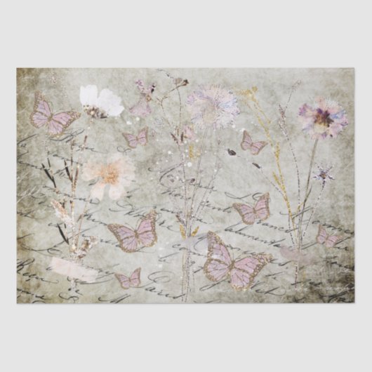 ヴィンテージ蝶とドライフラワーティッシュペーパー 薄葉紙 (正面)