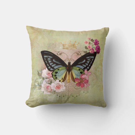ヴィンテージ蝶とピンクの花 クッション (正面)
