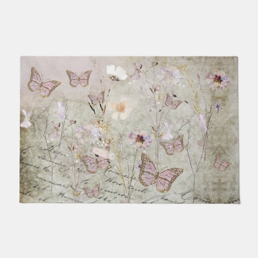 ヴィンテージ蝶と乾花 ドアマット (正面)