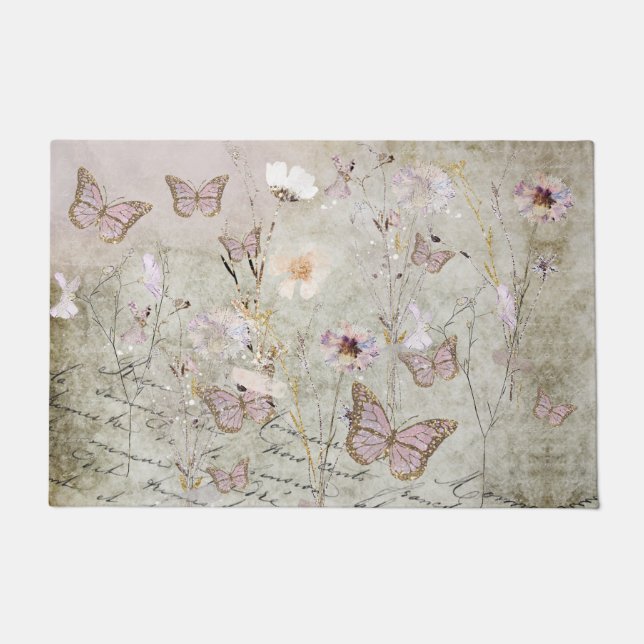 ヴィンテージ蝶と乾花 ドアマット (正面)