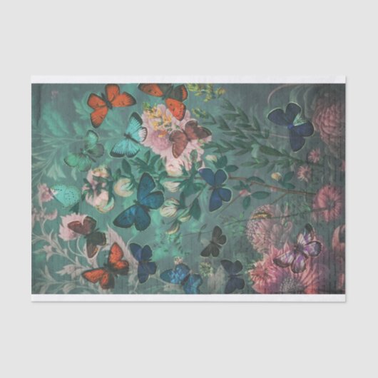 ヴィンテージ蝶と花ブルー 薄葉紙 (正面)