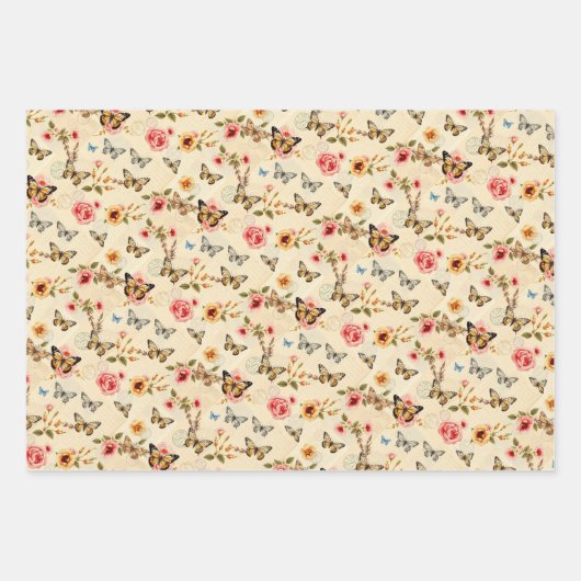 ヴィンテージ蝶と花3フラットシートギフトラップ ラッピングペーパーシート (正面2)