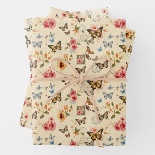 ヴィンテージ蝶と花3フラットシートギフトラップ ラッピングペーパーシート (インサイチュ)