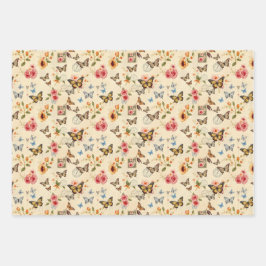 ヴィンテージ蝶と花3フラットシートギフトラップ ラッピングペーパーシート