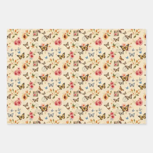 ヴィンテージ蝶と花3フラットシートギフトラップ ラッピングペーパーシート (正面)
