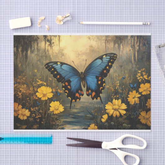 ヴィンテージ蝶と黄色の花の切り離し 薄葉紙 (クラフト)