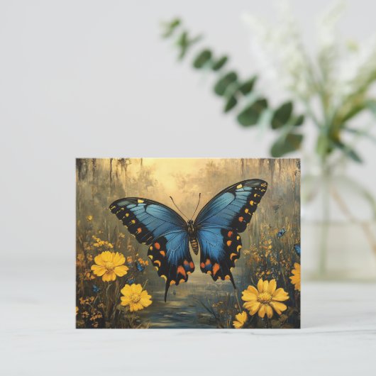 ヴィンテージ蝶と黄色絵を描の花 ポストカード (スタンド正面)