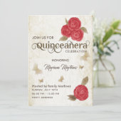 ヴィンテージ蝶の水の色の赤いバラのカンス 招待状 (スタンド正面)