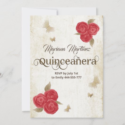 ヴィンテージ蝶の水の色の赤いバラのカンス 招待状 (裏面)