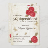 ヴィンテージ蝶の水の色の赤いバラのカンス 招待状 (正面/裏面)