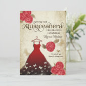 ヴィンテージ蝶の水の色の赤いバラのQuince Inv 招待状 (スタンド正面)