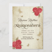 ヴィンテージ蝶の水の色の赤いバラのQuince Inv 招待状 (裏面)