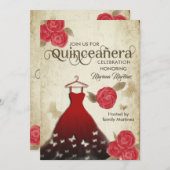 ヴィンテージ蝶の水の色の赤いバラのQuince Inv 招待状 (正面/裏面)