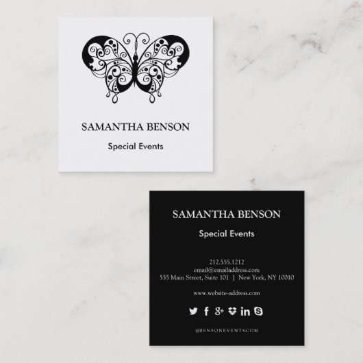 ヴィンテージ蝶の白黒エレガント スクエア名刺 (正面/裏面)