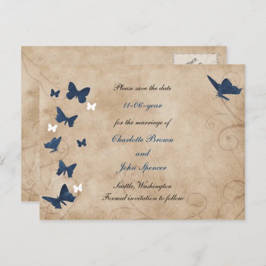 ヴィンテージ蝶の結婚式の日付を保存 案内ポストカード (正面/裏面)