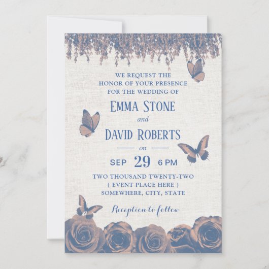 ヴィンテージ蝶ほこりっぽいブルーフローラ結婚ズ 招待状 (正面)
