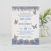 ヴィンテージ蝶ほこりっぽいブルーフローラ結婚ズ 招待状 (スタンド正面)