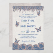 ヴィンテージ蝶ほこりっぽいブルーフローラ結婚ズ 招待状 (正面/裏面)