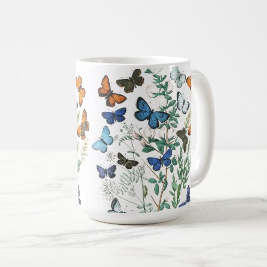 ヴィンテージ蝶イラストレーションオンアコーヒーマグ コーヒーマグカップ (正面右)
