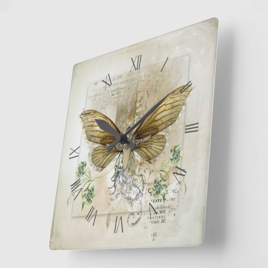 ヴィンテージ蝶コラージュ スクエア壁時計 (傾斜)
