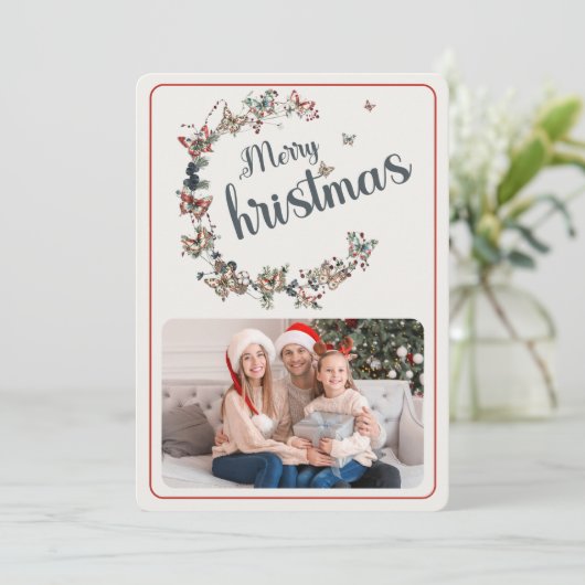 ヴィンテージ蝶メリークリスマスファミリーの写真 シーズンカード (スタンド正面)