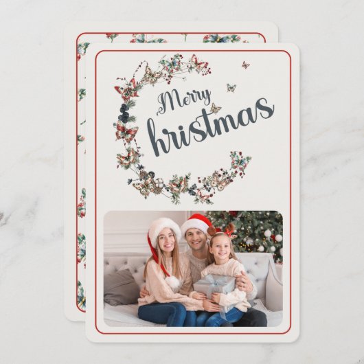 ヴィンテージ蝶メリークリスマスファミリーの写真 シーズンカード (正面/裏面)