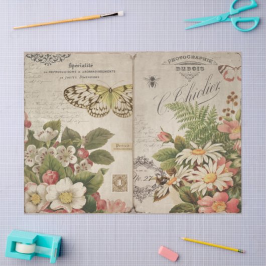 ヴィンテージ蝶花模様とエフエマデクページ 薄葉紙 (クラフト)