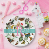 ヴィンテージ蝶、モノグラム&名前、ティール（緑がかった色）&ホワイト ペーパープレート (パーティー)