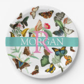 ヴィンテージ蝶、モノグラム&名前、ティール（緑がかった色）&ホワイト ペーパープレート (正面)